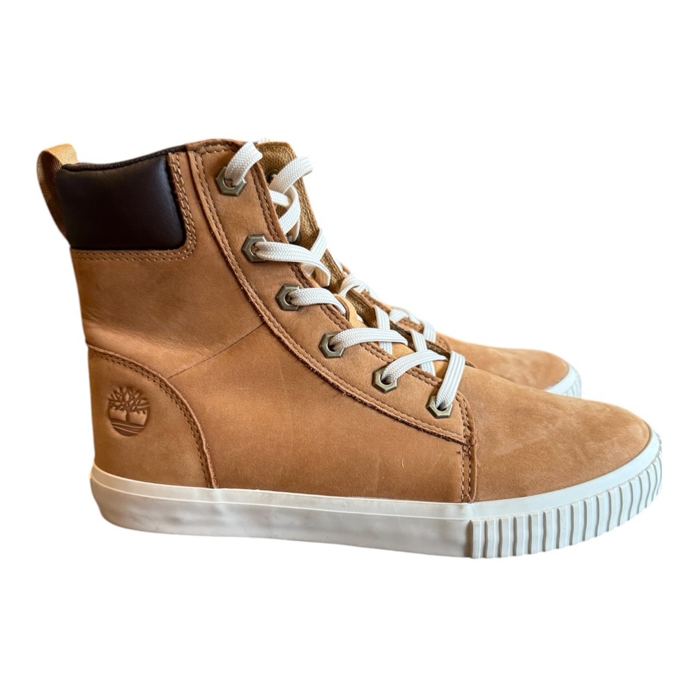 Timberland Tan Nubuck High-Top Sneakers with White Soles